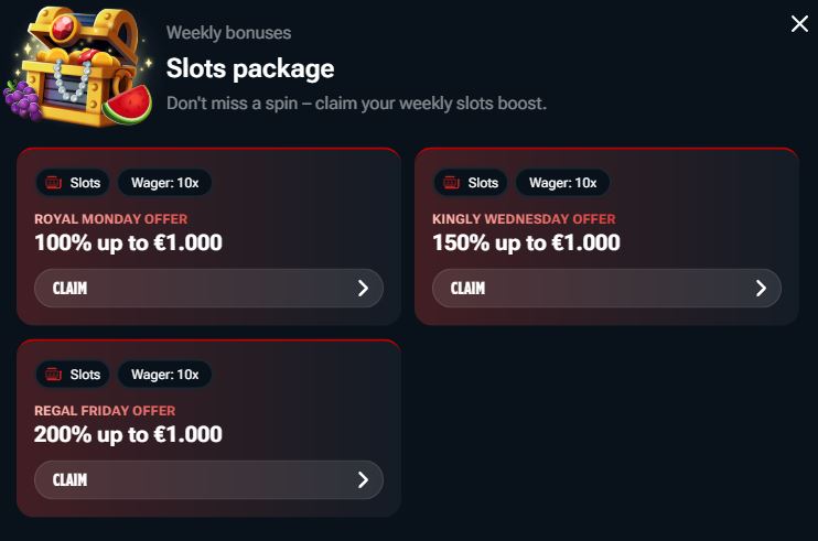 Visit weekly slots bonuses page and claim offers
